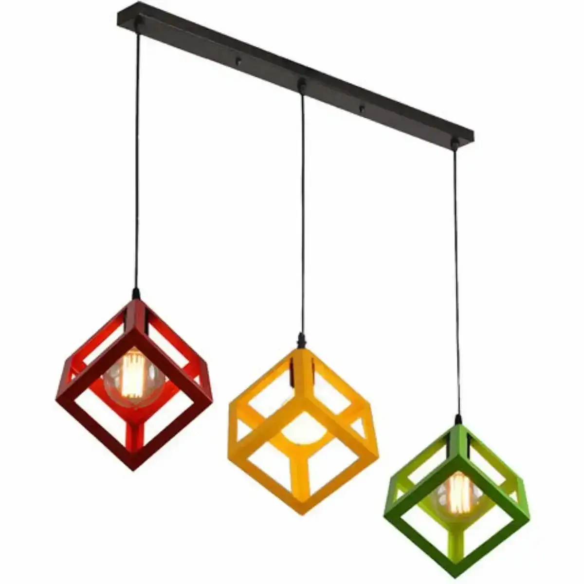 Κρεμαστό φωτιστικό οροφής τριπλό τετράγωνο ρόμβος μεταλλικό σε κόκκινο πράσινο και κίτρινο χρώμα E27 R50 CUBIO 35