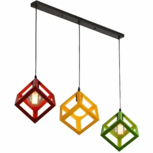 Κρεμαστό φωτιστικό οροφής τριπλό τετράγωνο ρόμβος μεταλλικό σε κόκκινο πράσινο και κίτρινο χρώμα E27 R50 CUBIO 35